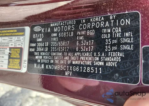 2016 Kia Sedona Lx из США, поврежденный, VIN KNDMB5C1XG6128511